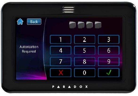 Tastatura pentru sisteme de alarmă Paradox EVO, MG, SP, cu ecran tactil color de 5 inch, design elegant în nuanța neagră.