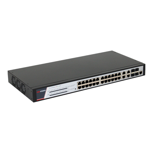 Switch HIKVISION DS-3E2528P cu 24 porturi PoE, ideal pentru rețele de mare viteză, oferind o lățime de bandă de 1000Mbps.