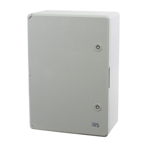 Cutie distributie IP65 din ABS gri, dimensiuni 350x500x190 mm, model PLASTIM PP3006, ideală pentru protecția echipamentelor