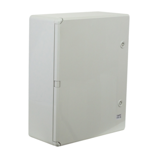 Cutie distribuție IP65 din ABS gri cu ușă mată și placă metalică, dimensiuni 400x500x175mm, model PLASTIM PP3003. Ideală
