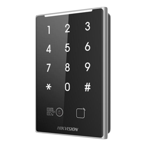 Cititor de proximitate HIKVISION DS-K1109DKB-QR cu cod QR, MIFARE, interfață Wiegand și RS-485, dotat cu tastatură
