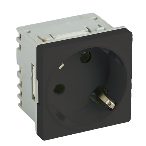 Priza modulară Schuko cu împământare 45x45mm, model DLX-245-43, ideală pentru instalări electrice eficiente. Această priză