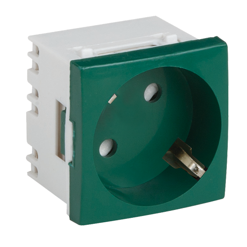 Priza modulară Schuko cu împământare, dimensiune 45x45mm, 2 module, culoare verde, ideală pentru instalări electrice