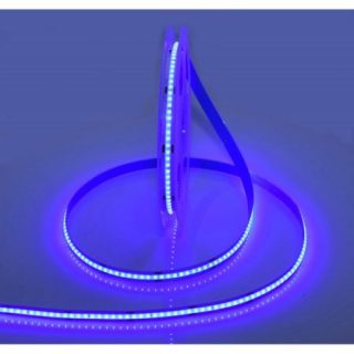 Banda COB Led Albastru flexibilă cu 252 LED-uri pe metru, având o putere de 12W pe metru, disponibilă pe rolă de 5 metri.