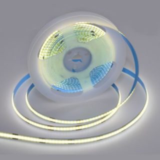 Banda COB LED flexibilă cu 252 LED-uri pe metru și putere de 14W/ml, disponibilă pe rolă de 5 metri, oferă o iluminare alb
