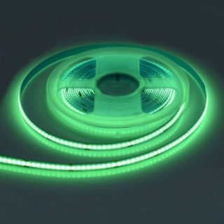 Banda COB LED Verde flexibilă, cu 252 LED-uri pe metru și putere de 12W per metru, disponibilă pe rolă de 5 metri. Ideală