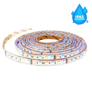 Banda LED 12V pentru exterior IP65, cu 60 LED-uri pe metru tip SMD5050, în nuanță alb-cald, disponibilă pe rolă de 5 metri.