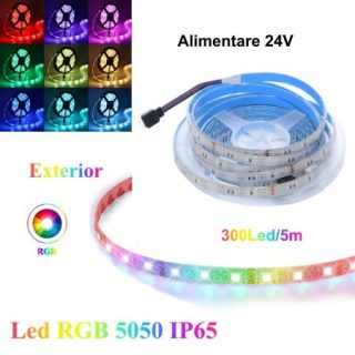 Banda LED RGB 24V cu 60 LED-uri pe metru, special concepută pentru utilizare în exterior, cu grad de protecție IP65. Fiecare