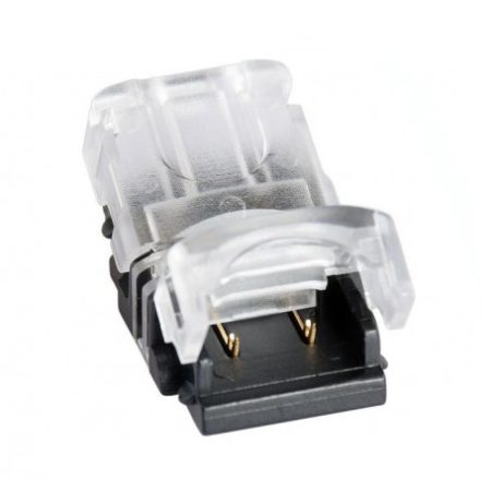 Conector banda LED 10mm cu 2 pini și 2 fire, model Q-18E001, ideal pentru conectarea rapidă și eficientă a benzilor LED.
