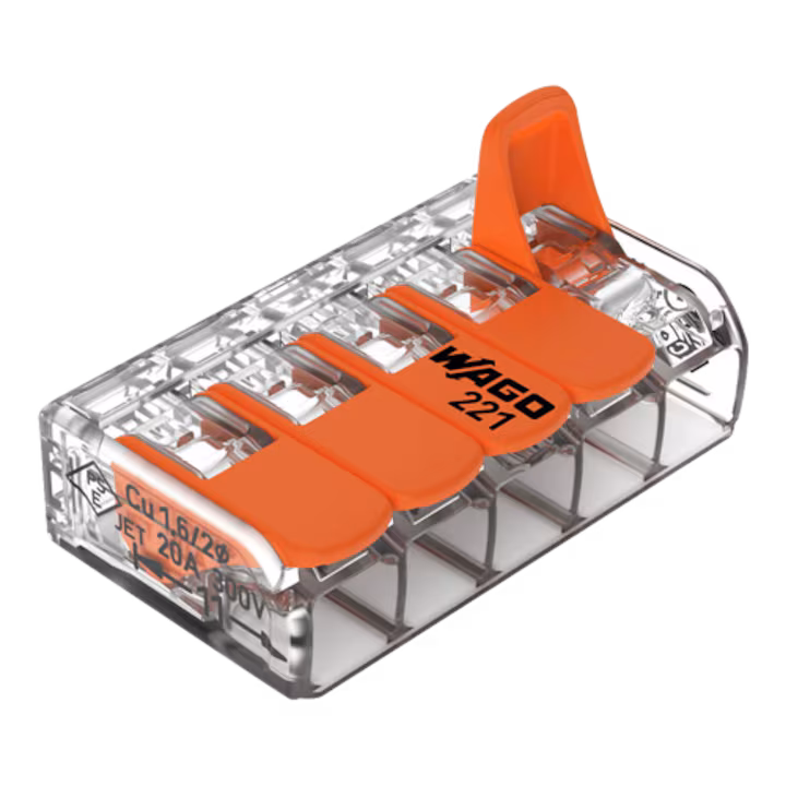 Conector derivatie 5 fire WAGO 221-415, capacitate maximă de 4 mm², pachet de 25 bucăți. Ideal pentru conexiuni electrice