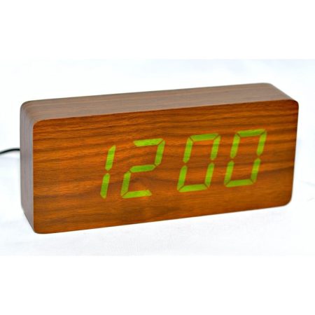 Ceas digital mare din lemn maro cu LED verde Q-13B010, ideal pentru decorarea oricărui spațiu. Design modern și elegant,