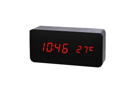 Ceas digital din lemn negru cu LED roșu Q-13B006, design elegant și modern, perfect pentru orice interior. Acest ceas oferă