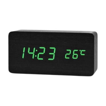 Ceas digital din lemn negru cu LED verde model Q-13B005, design modern și elegant, ideal pentru birou sau acasă. Afișaj clar