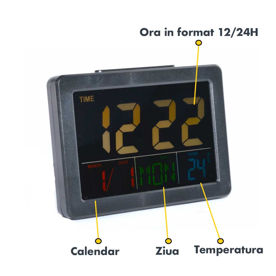 Ceas electronic LCD cu alarmă, model Q-13B015, de culoare neagră, perfect pentru un stil de viață modern. Acest ceas oferă