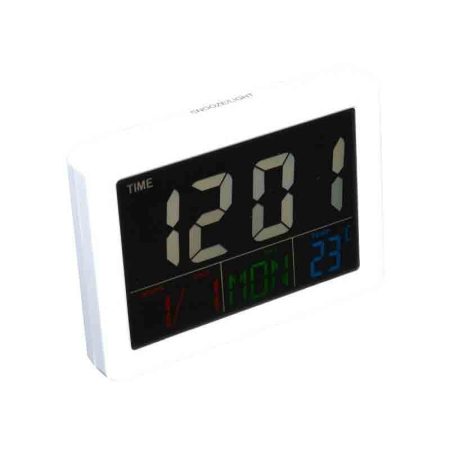 Ceas electronic LCD alb cu alarmă și dată model Q-13B014, ideal pentru birou sau dormitor. Design modern și compact, ușor de