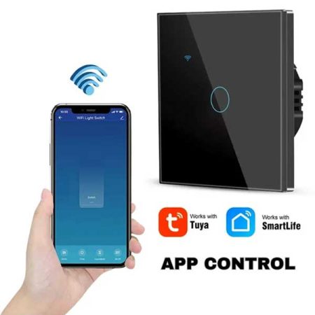 Intrerupator smart touch negru, cu WiFi și sticlă securizată, oferă un control vocal avansat prin aplicațiile Smart Life și