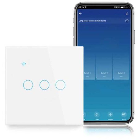 Intrerupator smart triplu touch CLASSLIGHTS CLS-SM021, Alb, cu tehnologie WiFi și sticlă securizată. Acest dispozitiv de 10A